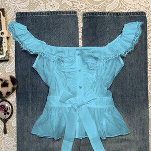 Original Blue Lace Off Shoulder Sleeveless Blouse Women